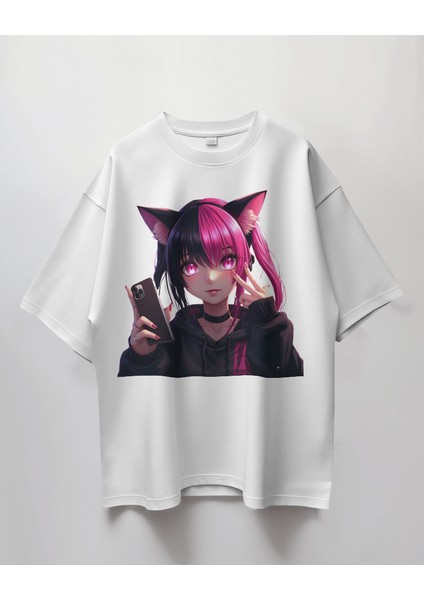 Oversize Tişört Selfie Çeken Kawaii Kedi Kız – Estetik, Asi ve Çok Tatlı! 😼📱