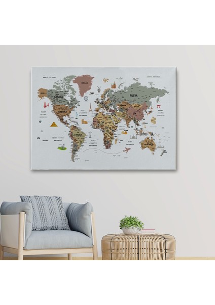 - Türkçe Dünya Haritası Çok Detaylı Ünlü Yerler Sembollü Kanvas Tablo 1773
