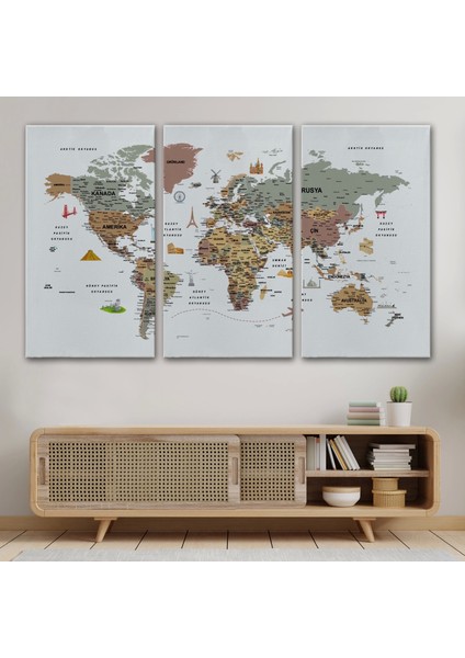 - Türkçe Dünya Haritası Çok Detaylı Ünlü Yerler Sembollü Kanvas Tablo 1773 modelleri