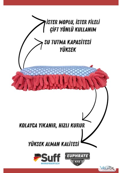 Ince Moplu ve Fileli Çift Yönlü Oto Yıkama Süngeri 23X10 cm Kırmızı, Oto Bezi, Araç Bezi, Köpük Süngeri