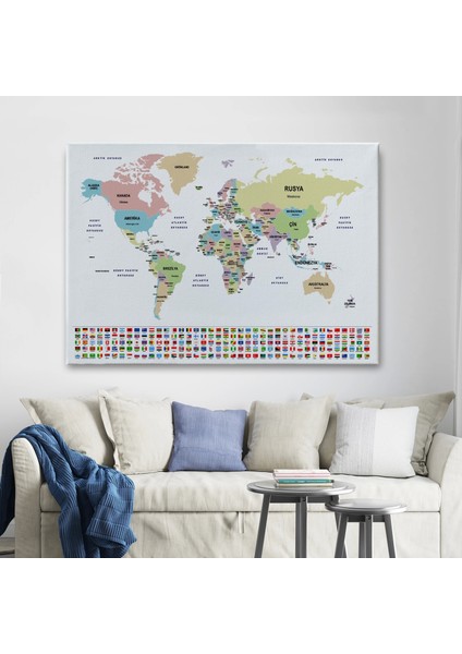 - Türkçe Dünya Haritası Kanvas Tablo Ülke Bayraklı ve Dekoratif 2384