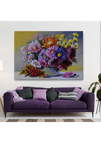 - Renkli Çiçekler Yağlıboya Görünüm Dekoratif Kanvas Duvar TABLOSU-3448