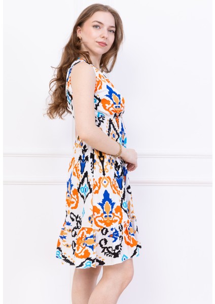 Kadın Çok Renkli Kruvaze Yaka Beli Büzgülü Eteği Fırfırlı Viskon Elbise fiyatları