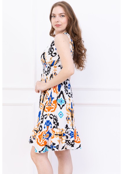 Kadın Çok Renkli Kruvaze Yaka Beli Büzgülü Eteği Fırfırlı Viskon Elbise modelleri