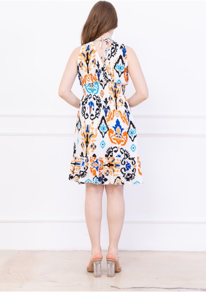 Kadın Çok Renkli Kruvaze Yaka Beli Büzgülü Eteği Fırfırlı Viskon Elbise fırsatları