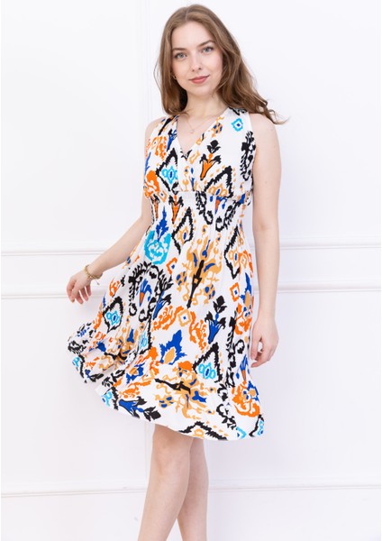 Kadın Çok Renkli Kruvaze Yaka Beli Büzgülü Eteği Fırfırlı Viskon Elbise indirimleri