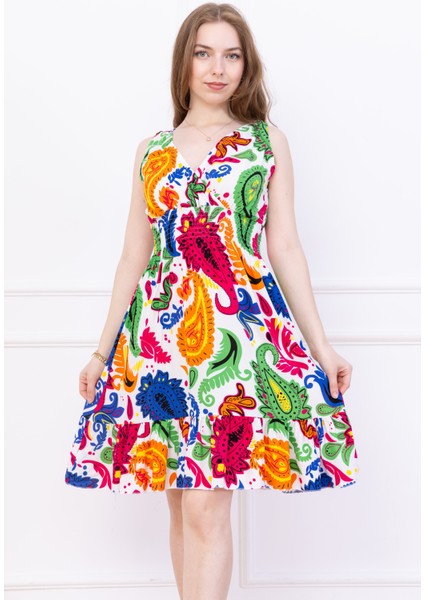 Kadın Çok Renkli Kruvaze Yaka Beli Büzgülü Eteği Fırfırlı Viskon Elbise