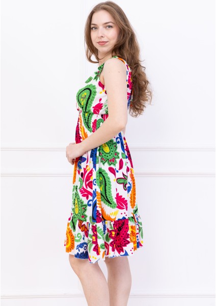 Kadın Çok Renkli Kruvaze Yaka Beli Büzgülü Eteği Fırfırlı Viskon Elbise modelleri