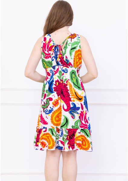 Kadın Çok Renkli Kruvaze Yaka Beli Büzgülü Eteği Fırfırlı Viskon Elbise fırsatları