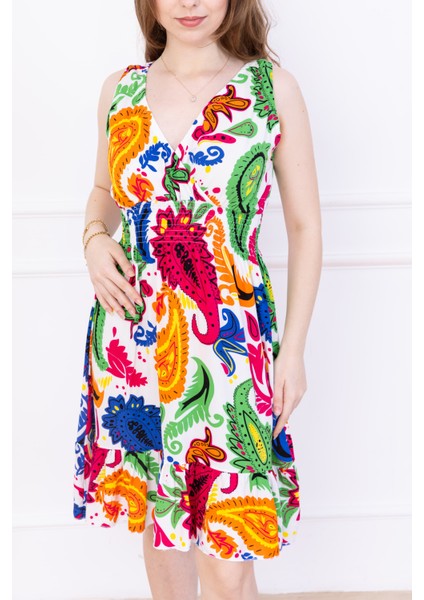 Kadın Çok Renkli Kruvaze Yaka Beli Büzgülü Eteği Fırfırlı Viskon Elbise indirimleri