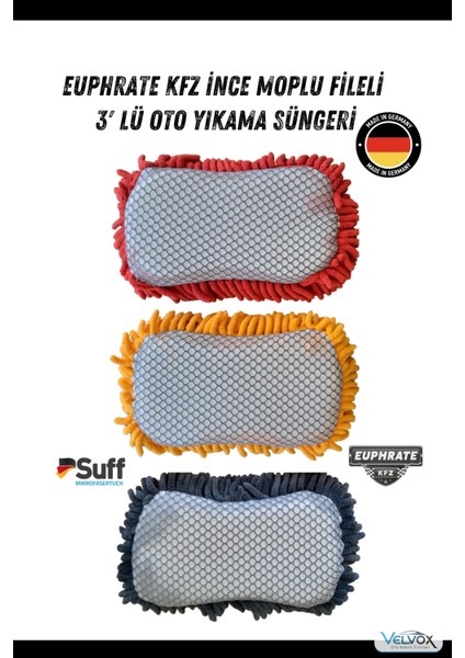 Ince Moplu ve Fileli Çift Yönlü 3'lü Oto Yıkama Süngeri 23X10 Cm, Oto Bezi, Araç Bezi, Köpük Süngeri