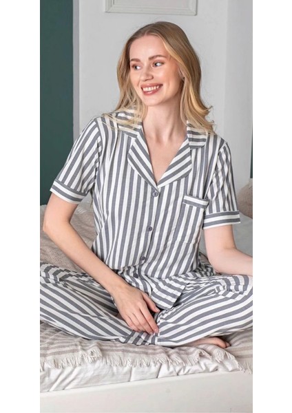 Alissa 6256 Kadın Çizgili Patlı Pijama Takımı