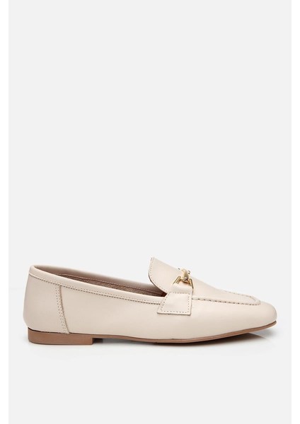 Kadın Deri Ekru Tokalı Loafer