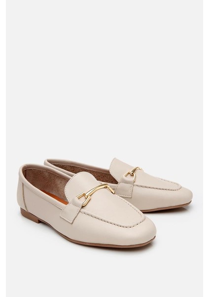 Kadın Deri Ekru Tokalı Loafer