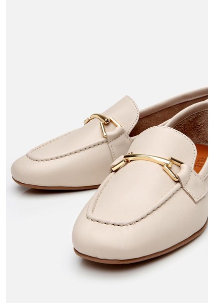 Kadın Deri Ekru Tokalı Loafer