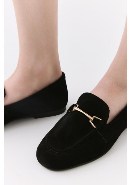 Kadın Deri Siyah Tokalı Loafer