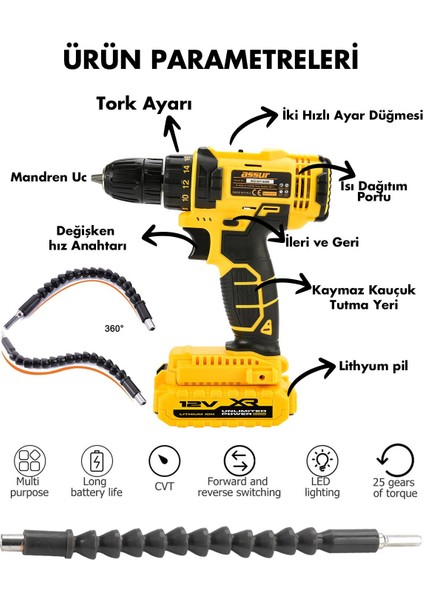 12V Metal Şanzıman Çift Akülü Bakır Sargı Şarjlı Matkap Akülü Vidalama