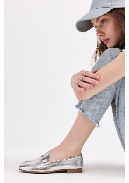 Kadın Lame Tokalı Şık Klasik Loafer
