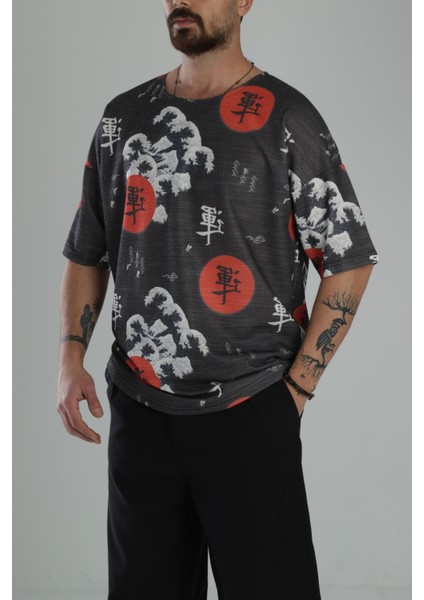 Çin Ağacı Desenli Oversize T-Shirt