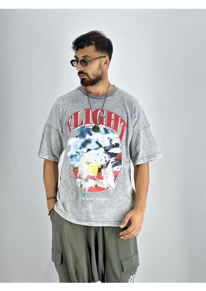 Erkek Yıkamalı Kumaş Baskılı T-Shirt