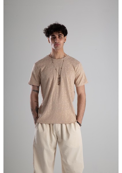 Jakarlı Krem Örme T-Shirt
