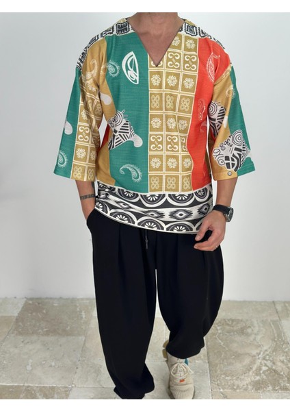 Etnik Desenli Fakir Kol T-Shirt