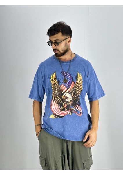 Erkek Yıkamalı Kumaş Baskılı T-Shirt