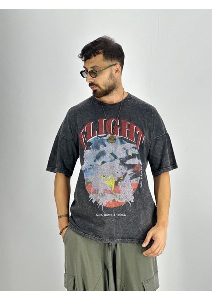 Erkek Yıkamalı Kumaş Baskılı T-Shirt