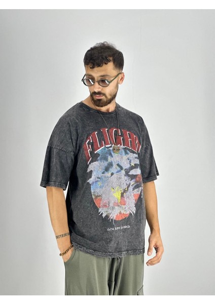 Erkek Yıkamalı Kumaş Baskılı T-Shirt