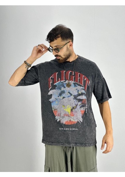 Erkek Yıkamalı Kumaş Baskılı T-Shirt