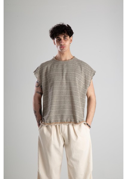 Hasır Detaylı Sıfır Kol Bohem T-Shirt