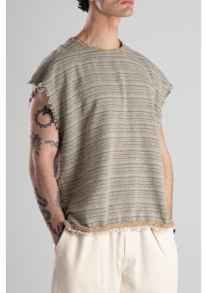 Hasır Detaylı Sıfır Kol Bohem T-Shirt