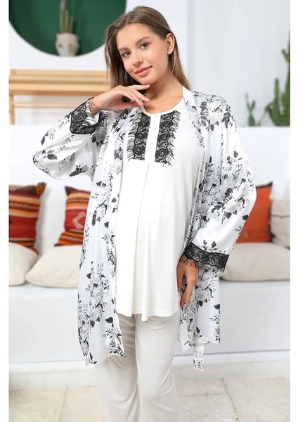 Mommysh 55711 Kadın Lohusa Saten Sabahlıklı Pijama Takımı