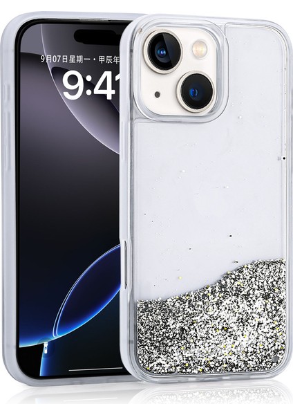 iPhone 15 Uyumlu Kılıf Sıvılı Simli Şeffaf Arka Yüzey Tkdr Keto Silikon Kapak-Gümüş
