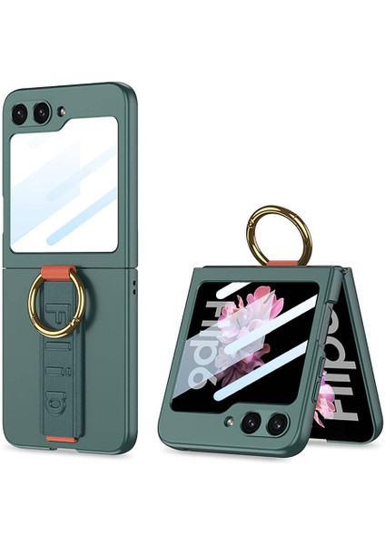 Galaxy Z Flip 6 Kılıf Kamera Korumalı Yüzüklü Karbon Tasarımlı Tkdr Flip Ring Kıpta Kapak-Gri-Yeşil