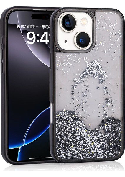 iPhone 15 Uyumlu Kılıf Sıvılı Simli Şeffaf Arka Yüzey Tkdr Keto Silikon Kapak-Siyah