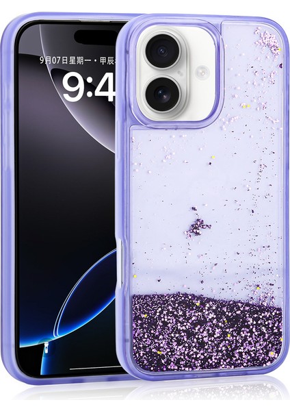 iPhone 16 Uyumlu Kılıf Sıvılı Simli Şeffaf Arka Yüzey Tkdr Keto Silikon Kapak-Mor