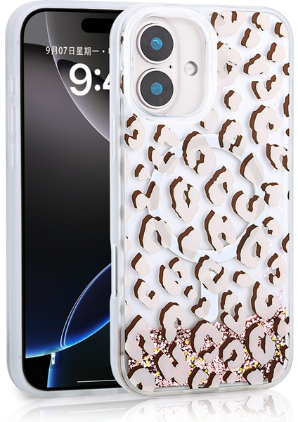 iPhone 16 Uyumlu Kılıf Sıvılı Simli Baskılı Şeffaf Arka Yüzey Tkdr Mossa Silikon Kapak-Pembe