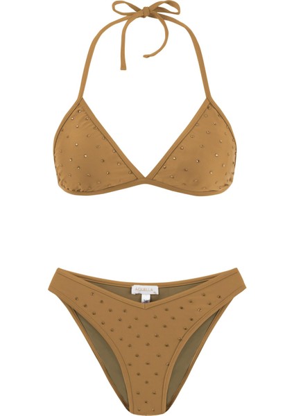 Parlak Taşlı Gold Üçgen Bikini Takım