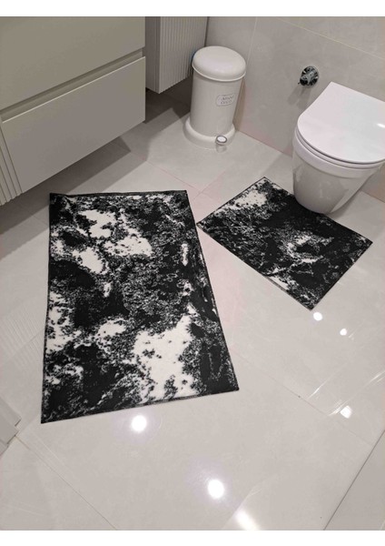 Peluş Dokuma Siyah Beyaz Desenli 2 Li Banyo Paspası