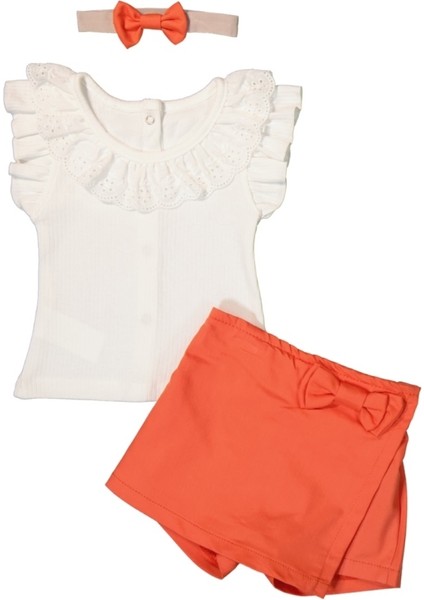 Kız Bebek Kurdele Detaylı 3'lü Şort Etek Takımı