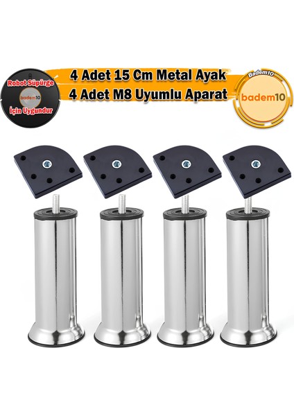 Mobilya Kanepe Baza Yatak Koltuk Destek Yükseltme Ayağı M8 Civatalı Aparat Krom Metal 15 cm Ayaklar