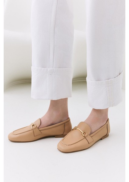 Kadın Deri Bej Tokalı Loafer