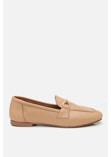 Kadın Deri Bej Tokalı Loafer