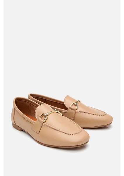 Kadın Deri Bej Tokalı Loafer