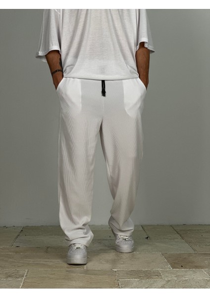 Fitilli Kumaş Beyaz Baggy Pantolon fiyatları