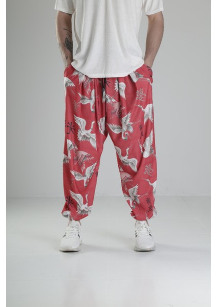 Chinese Kuş Desenli Pileli Yarım Şalvar