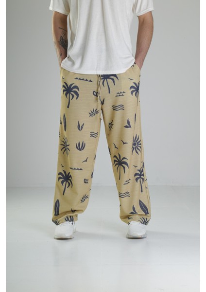 Ağaç Desenli Sarı Baggy Pantolon