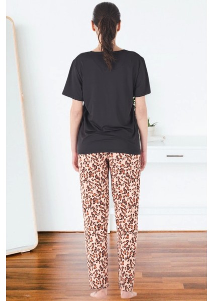 Estiva 25161 Kadın Marla Leoparlı Kısa Kol Pijama Takımı
