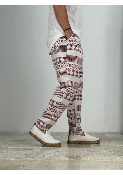 Etnik Desenli Bordo Keten Pantolon fiyatları